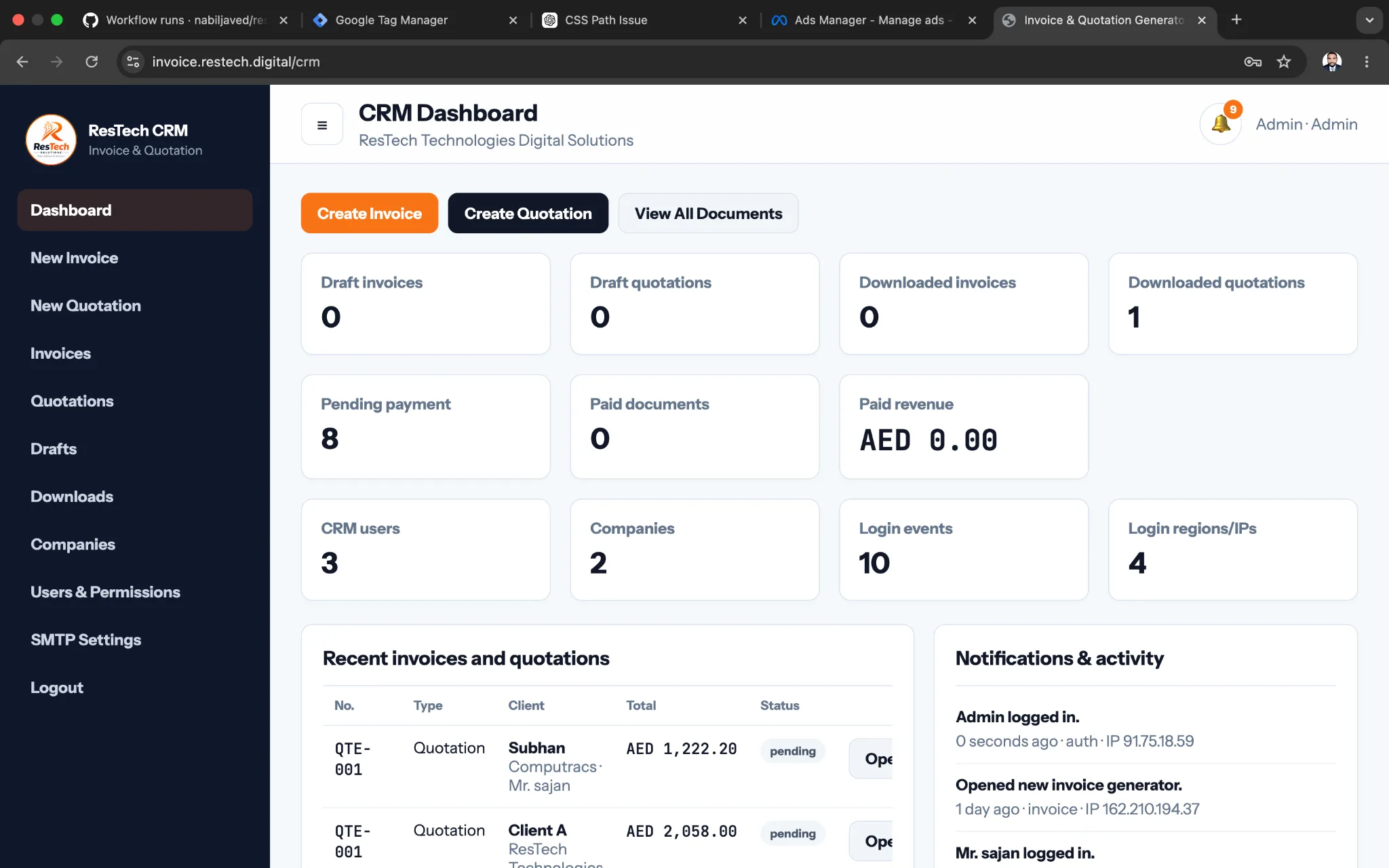 CRM dashboard screenshot