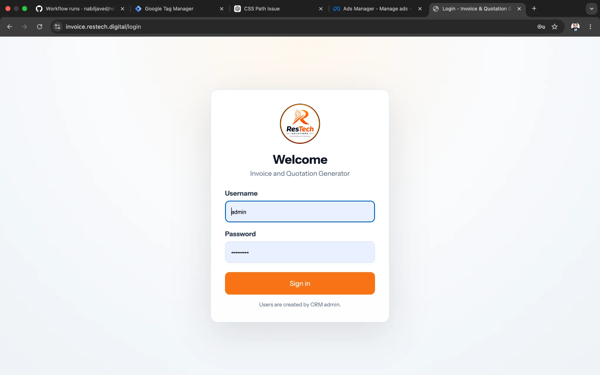 Login screen screenshot