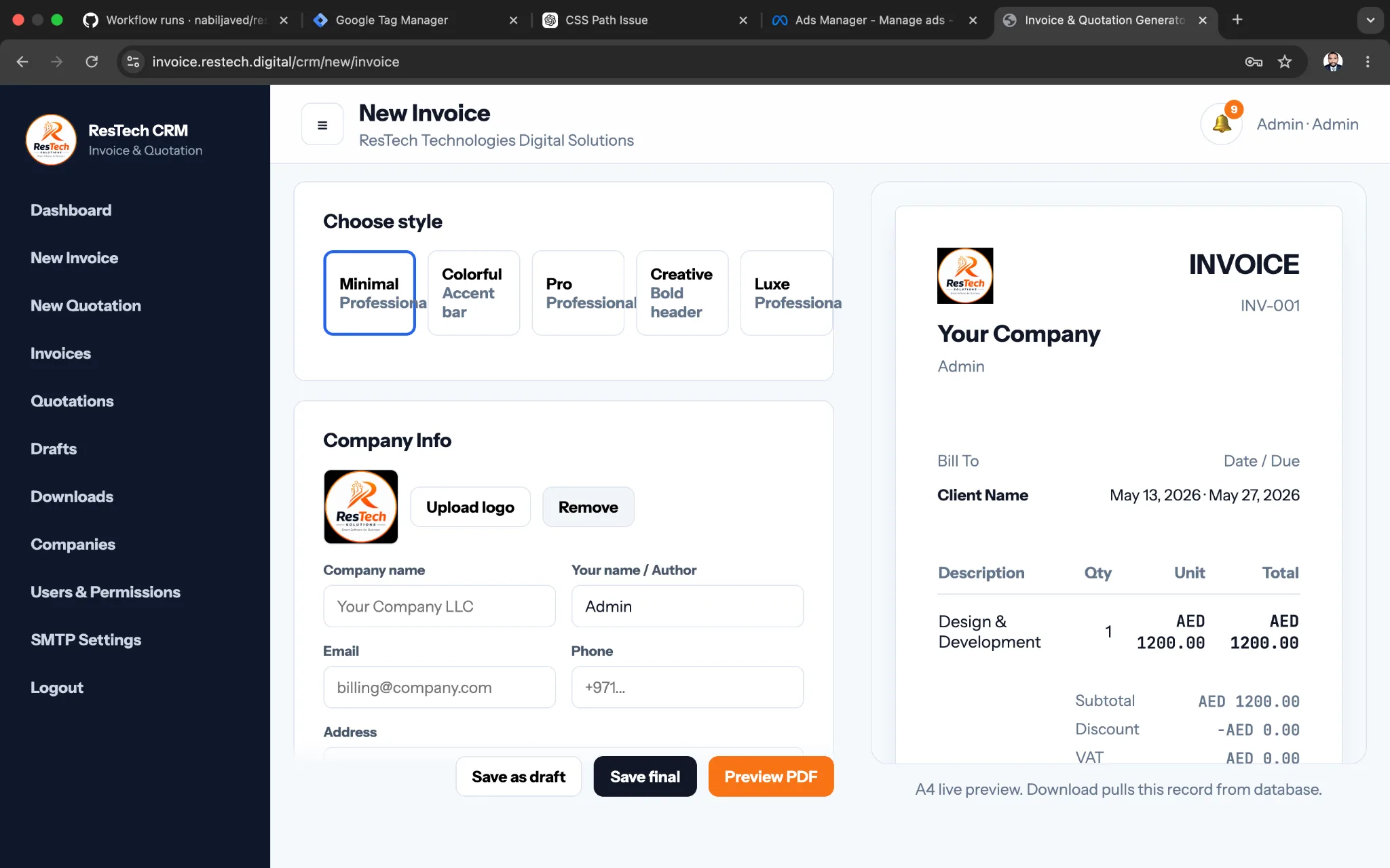 New invoice generator screenshot