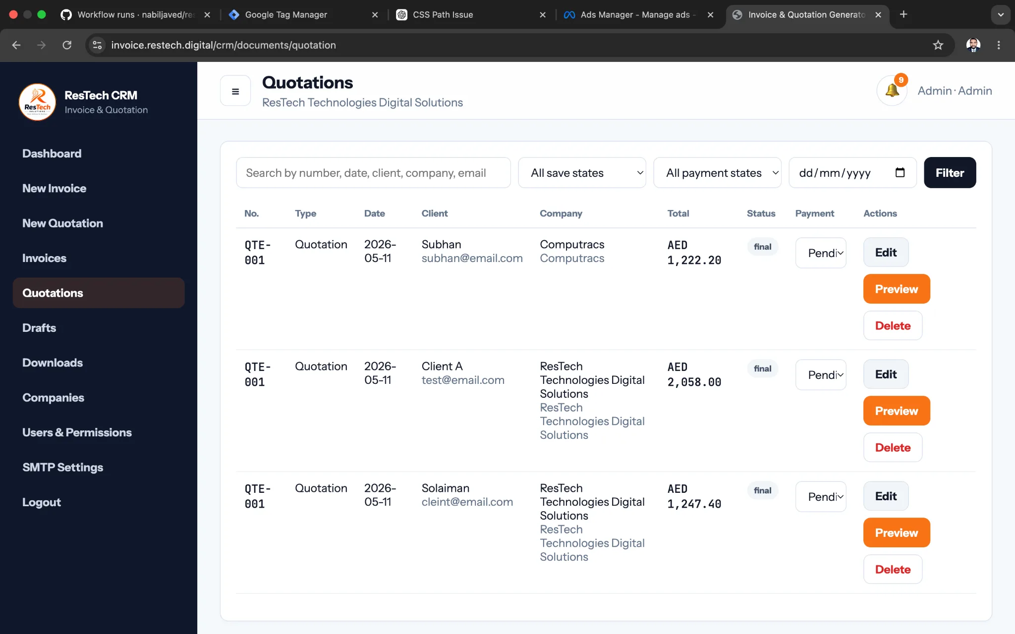 Quotation management screenshot