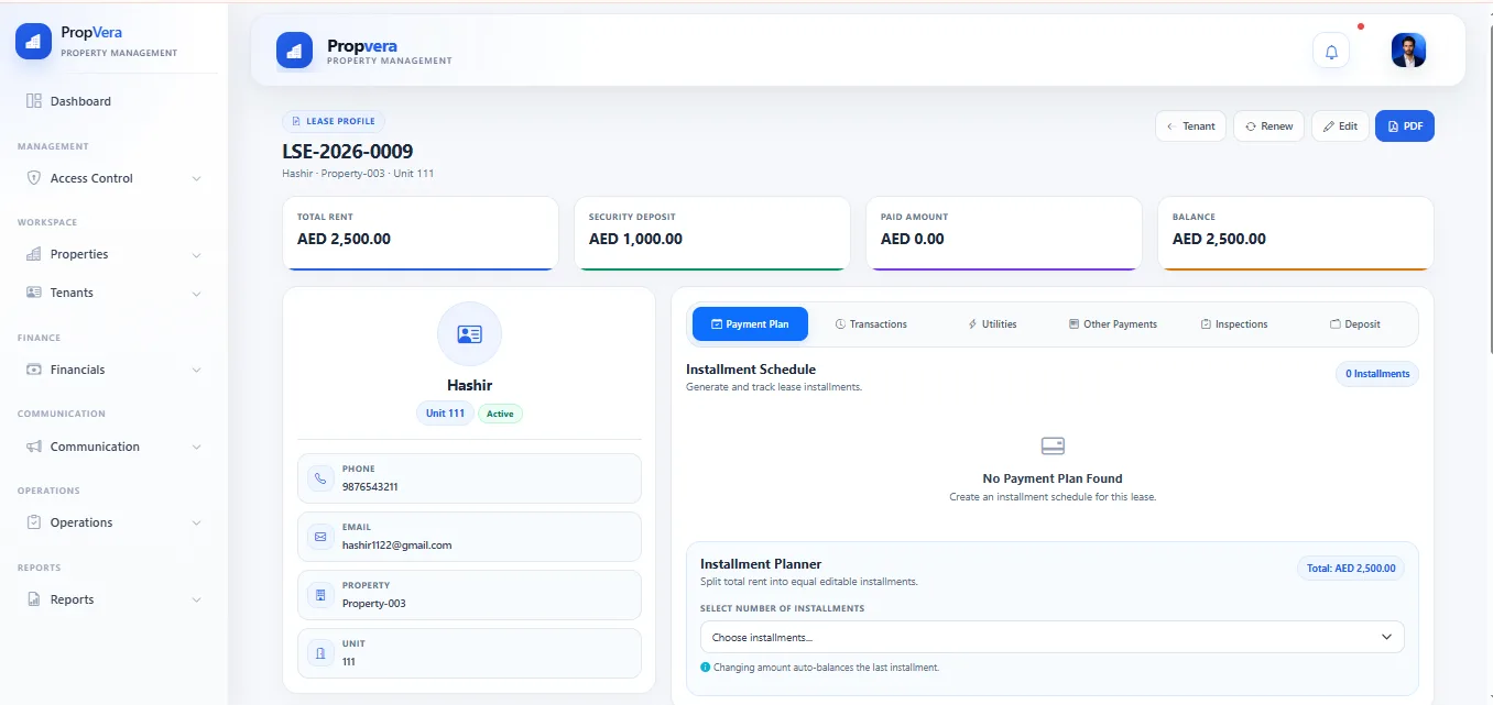 PropVera property management software lease profile screenshot